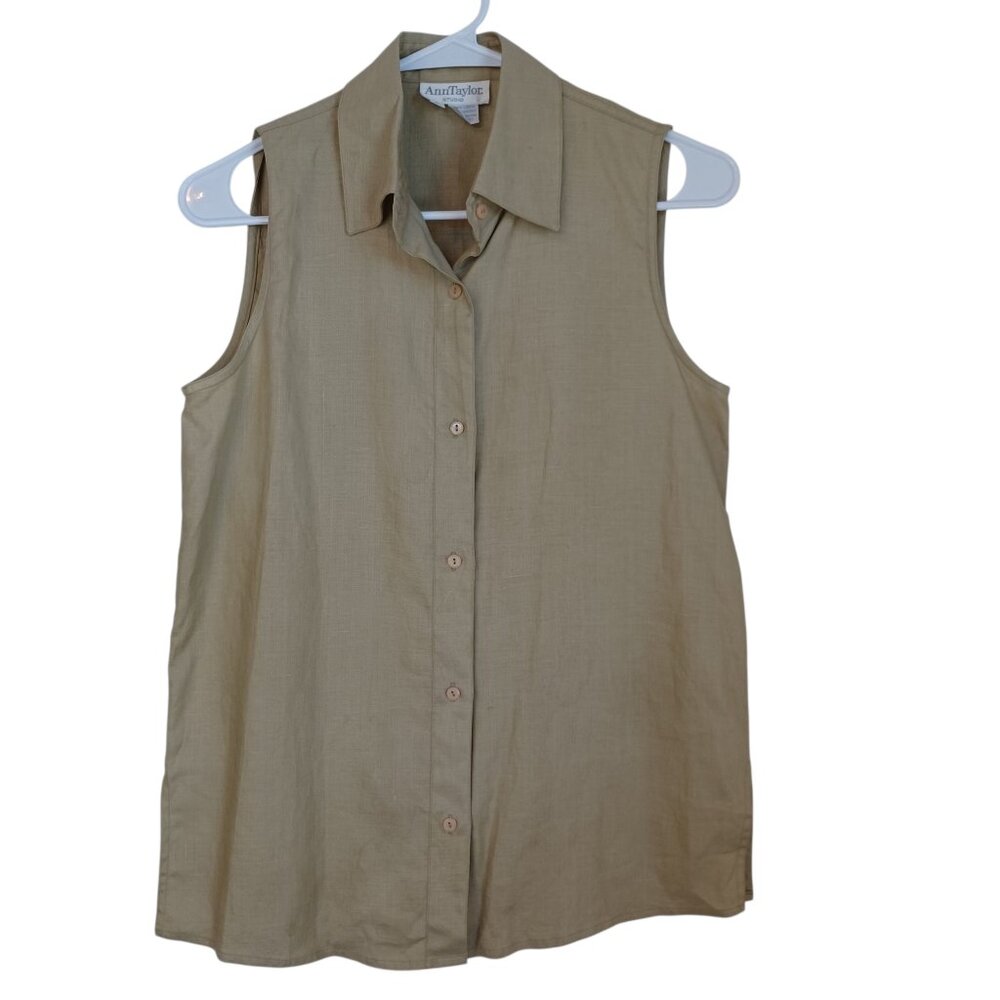 Ann Taylor Studio Tan 100% Linen Sleeveless Button Down Shirt Womens Small Khaki